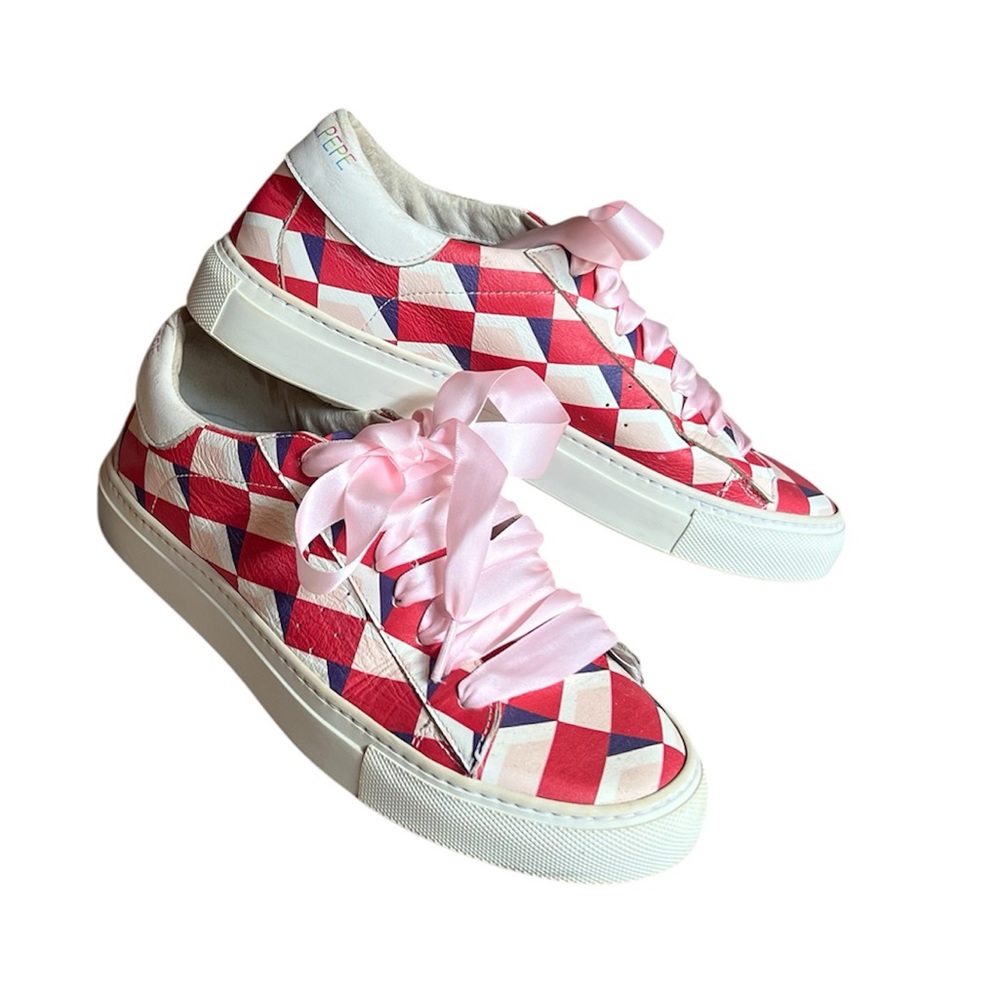 Patrizia Pepe Stylish Red and Pink Geometric Leather Sneakers, Size 7.5